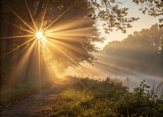 Golden hour forest path sunlight rays morning mist tranquil nature scene serene atmosphere soft haze warm light autumn foliage woodland trail peaceful glow