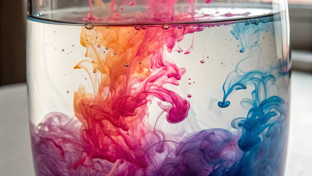Vibrant ink swirling color liquid art water glass fluid motion dye diffusion abstract pattern colorful swirl macro shot creative splash blend clear water within glass vessel, dynamic movement