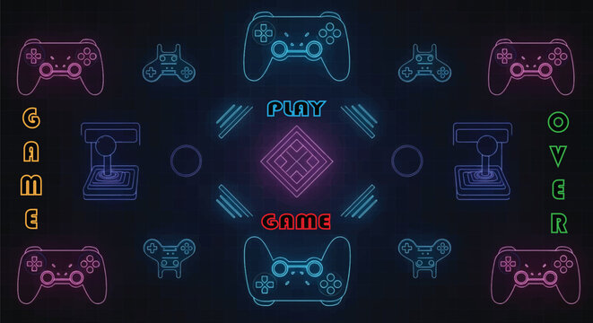 Neon glowing game controllers and retro arcade joysticks with 'PLAY GAME' and 'GAME OVER' text on a dark background, representing a gaming theme.