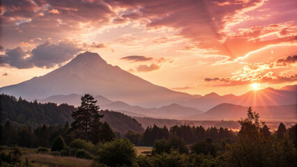 Sunrise mountain silhouette landscape valley forest clouds sunbeam golden horizon bathe serene mountain landscape warm golden light, soft mist drapes valley, peaceful mood with dramatic clouds