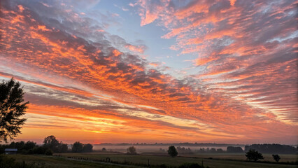 Sunrise orange pink clouds sky landscape dawn horizon field rural serene view with layered cloud streaks over open farmland, warm glow spreading across misty pasture and distant trees