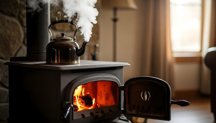 Old wood stove burning warmly inside a cozy stone fireplace
