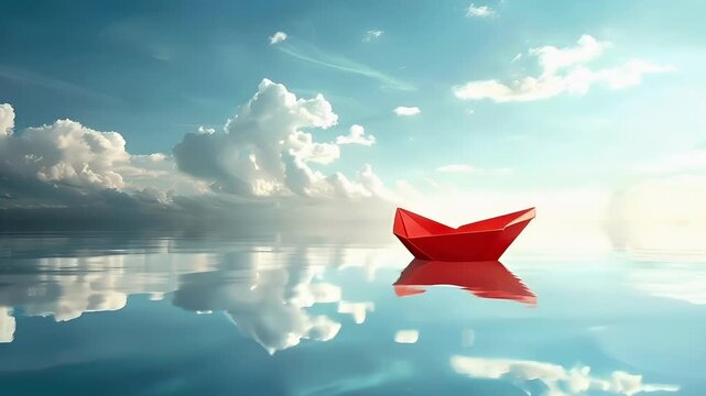 A vivid, surrealistic depiction of a red paper boat floating on a calm body of water, surrounded by a sky filled with fluffy white clouds. The boat is the focal point of the image.