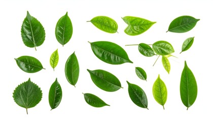 Fototapeta premium A collection of various green leaves, isolated on a white background