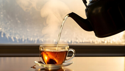 Hot cup of tea being poured into a glass mug on white background