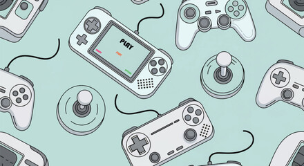 Retro gaming devices and controllers pattern on a light teal background, featuring handheld consoles, joysticks, and gamepads in a seamless illustration.