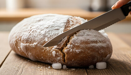 Freshly baked loaf of bread with knife on wooden board for breakfast