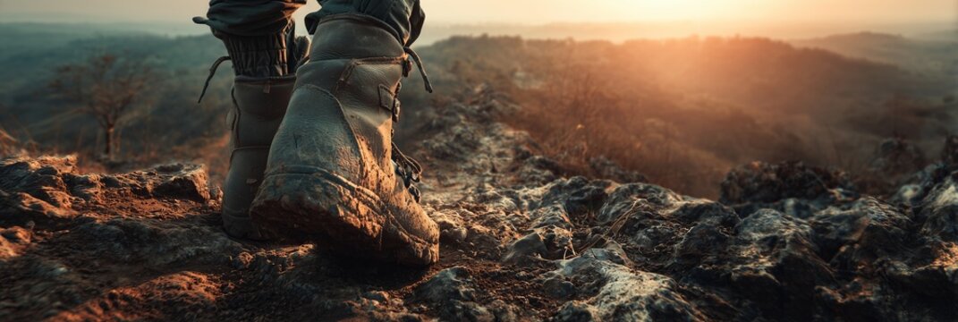 Muddy, well worn hiking boots rest on a rocky trail, hinting at long journeys and outdoor adventures. Resilience, exploration, and nature rugged beauty.