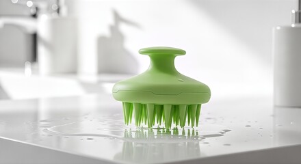 Green silicone scalp massager brush for hair care on a wet bathroom counter.
