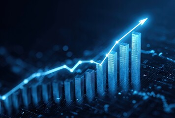 Abstract financial chart with growing bars and upward arrow on dark background