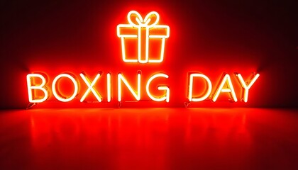 Bright neon boxing day sign with gift box on a red background