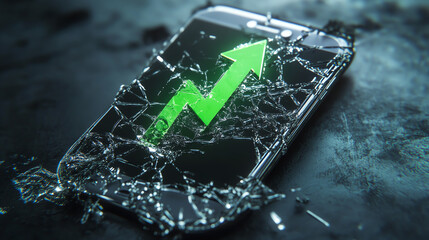 Cracked smartphone showing green upward arrow, technological comeback symbolism