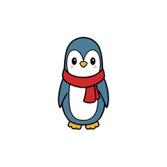 Cute cartoon penguin with red scarf isolated on white background silhouette