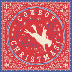 Western Christmas vector illustration with cowboy riding wild horse with the cheerful phrase &ldquo;Yee Haw! Y&rsquo;all Christmas!&rdquo; in a vintage bandana frame. Decorated with stars, paisley patterns, and snowfla
