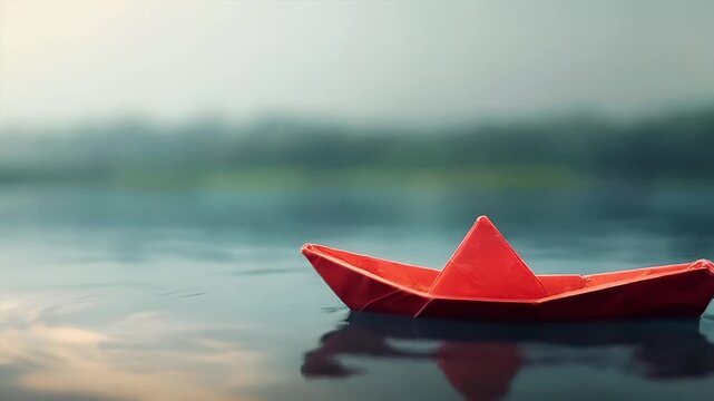 A red origami boat floating on a calm body of water. The boat is the focal point of the image.