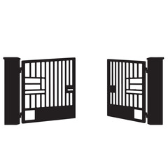 Black Silhouette of an Open Modern Gate with Decorative Panels
