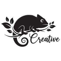 Stylized Black Chameleon Silhouette on a Leafy Branch with Elegant Script Typography
