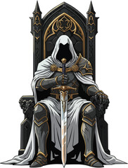 Mysterious warrior sits enthroned with mighty sword