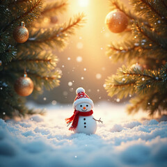 Obraz premium Snowman with Red Scarf Under Pine Branches and Hanging Christmas Baubles