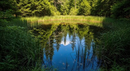 Serene Forest Pond with Vibrant Green Reeds and Tree Reflections in Clear Water