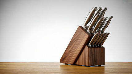 Contemporary kitchen knife set with multiple stainless steel blades stored securely in a dark wooden butcher block.