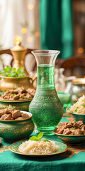An Middle Eastern or North African table setting featuring ornate green glassware and golden dishes filled with rice and seasoned meat. Copy space.