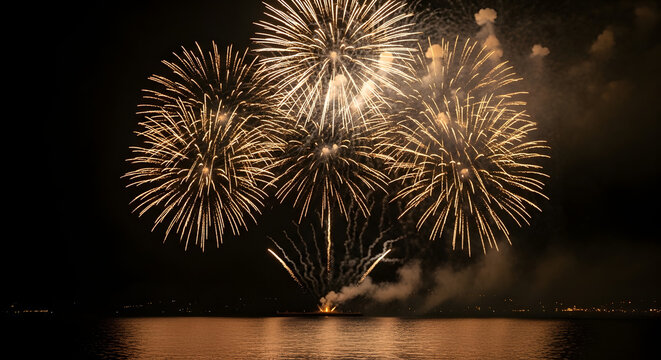 Golden fireworks explode over calm water reflecting the light show