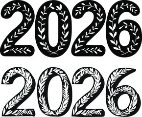 2026 typography where each number shape is filled with delicate leaf line patterns, minimalist black vector on white background, nature-inspired design