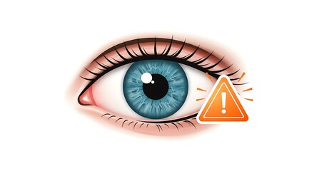 Artistic depiction of a human eye with inflamed appearance and an attention symbol
