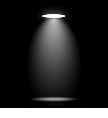 Realistic light spotlight beam shining brightly in a dark background with reflection on floor