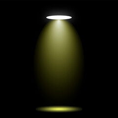 Realistic light spotlight beam shining brightly in a dark background with reflection on floor