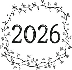 number 2026 drawn in thin black outline with climbing vines wrapping around each digit, minimalist botanical vector line art, white background 1