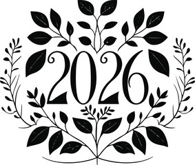 number 2026 drawn in smooth balanced black line art, surrounded by symmetrical leaves and gentle vine shapes, minimalist zen-inspired composition on white background