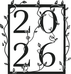 number 2026 drawn in thin black outline with climbing vines wrapping around each digit, minimalist botanical vector line art, white background