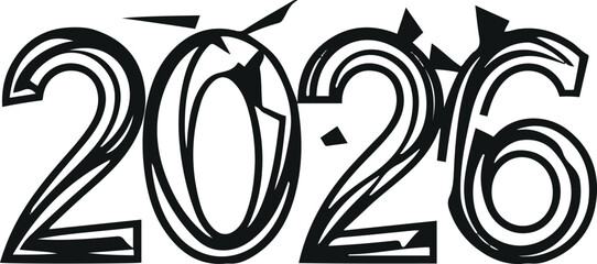 number 2026 drawn with broken abstract line segments and geometric fragments, minimal black outline vector on white background 1