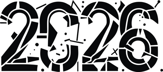 number 2026 drawn with broken abstract line segments and geometric fragments, minimal black outline vector on white background