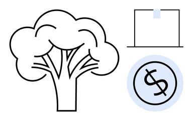 Broccoli outline paired with a dollar coin and a packaging box, emphasizing financial, ecological, and business aspects of food. Ideal for agriculture, economy, trade, health, sustainability