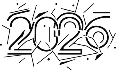 number 2026 drawn with broken abstract line segments and geometric fragments, minimal black outline vector on white background 3