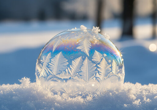 Frozen Bubble on Snow with Ice Crystals and Rainbow Colors Winter Scene