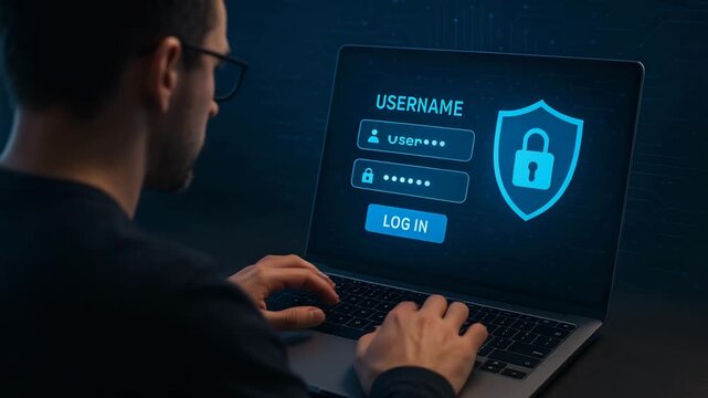 Individual using laptop for secure login with digital security interface and copy space available - Powered by Adobe