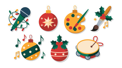 Fototapeta premium Festive Ornaments of Merriment: A colorful collection of ornaments representing various elements, evoking the spirit of the joyous season and creativity.
