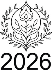 simple peaceful 2026 outline with symmetrical leaves and vines flowing around it, minimalist zen style black line vector, white background