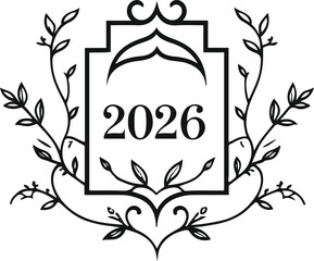 simple peaceful 2026 outline with symmetrical leaves and vines flowing around it, minimalist zen style black line vector, white background 1