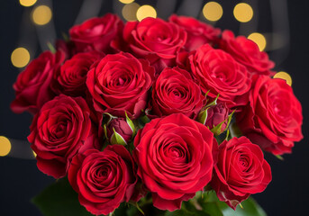 Beautiful Red Roses Bouquet with Bokeh Lights Romantic Floral Arrangement