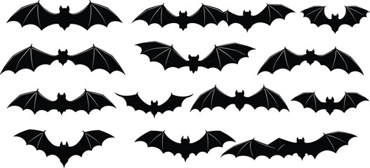Fototapeta premium Set of black flying bat silhouettes with spread wings, spooky gothic animal icons for Halloween decoration, dark horror design, vector illustration