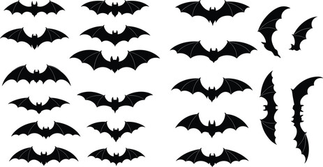 Set of flying bat silhouettes with different wing styles, spooky gothic animal icons for Halloween decoration, dark horror elements, isolated vector illustration