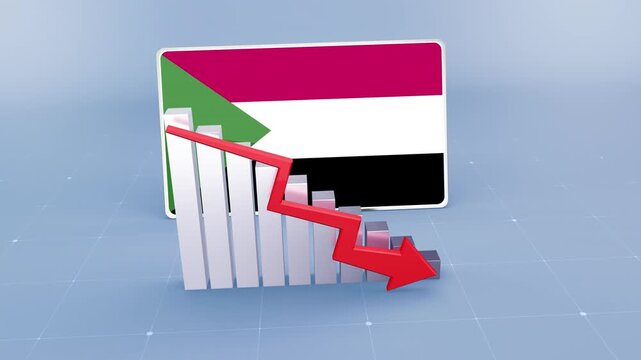 Sudan Flag and Bar Chart Graph Showing Decreasing Values a Red Arrow Economic Crisis Concept