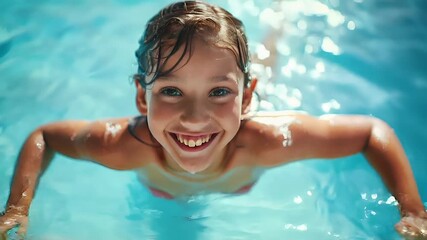 A closeup shot of a young girl swimming in a pool. The style is candid and natural, capturing the essence of the moment with a shallow depth of field. The colors are vibrant. - Powered by Adobe