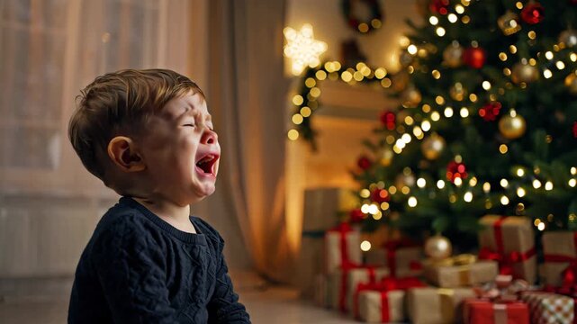 A young boy sits near a festive Christmas tree, displaying signs of distress, surrounded by presents and holiday decorations in a warmly lit room young
