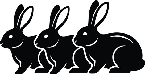Three black rabbit silhouettes sitting side by side, minimalist bunny vector illustration, cute Easter animal design, wildlife art, nature concept, simple decoration